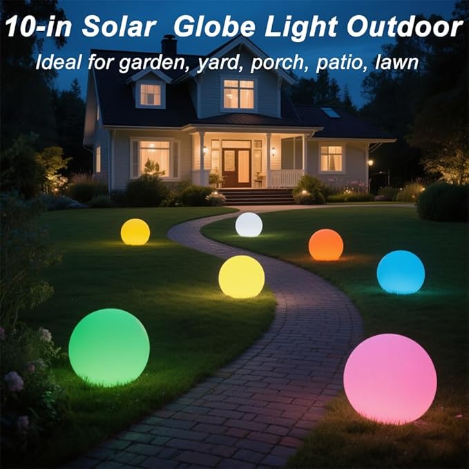 10-in Solar Globe Light, Solar Garden Ball Light Outdoor w/Remote, 16 RGB Color 4 Modes Glowing Ball, Waterproof Smart Light Sensor Control Outdoor Orb Lamp w/Ground Stake for Pathway Patio Yard Party-Ruum Studio Home