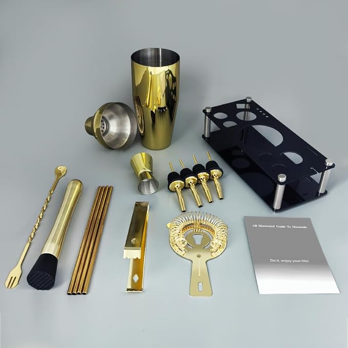 14-Piece Cocktail Shaker Set Bartender Kit with Black Stand, Bar Tool Set for Drink Mixing Bartending Kit Bar Sets Accessories: 750ml(25oz) Shaker, Jigger, Muddler, Cocktail Recipes (Gold)-Ruum Studio Home