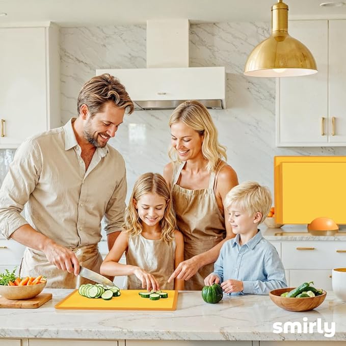 SMIRLY Plastic Cutting Board Set with Holder 3 Pieces, Non-Slip Dishwasher Safe Chopping Boards for Kitchen, Yellow-Ruum Studio Home