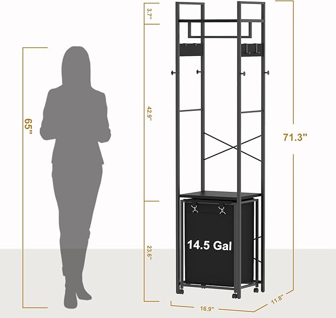 Coat Rack with Laundry Basket, Laundry Hamper Freestanding Hall Tree, Clothes Rack with Storage Shelves, 14.5 Gal Removable Bags on Wheels, Black JLH005B-Ruum Studio Home