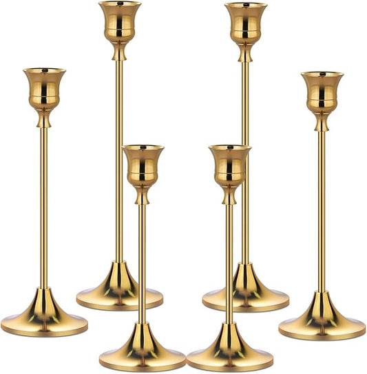 Metal Candle Holders for Candlesticks Taper Candlestick Holders Set Vintage Decorative Centerpiece Candelabra Tall Candle Stands for Halloween Thanksgiving Christmas (Gold, 2 Sets (6 pcs))-Ruum Studio Home