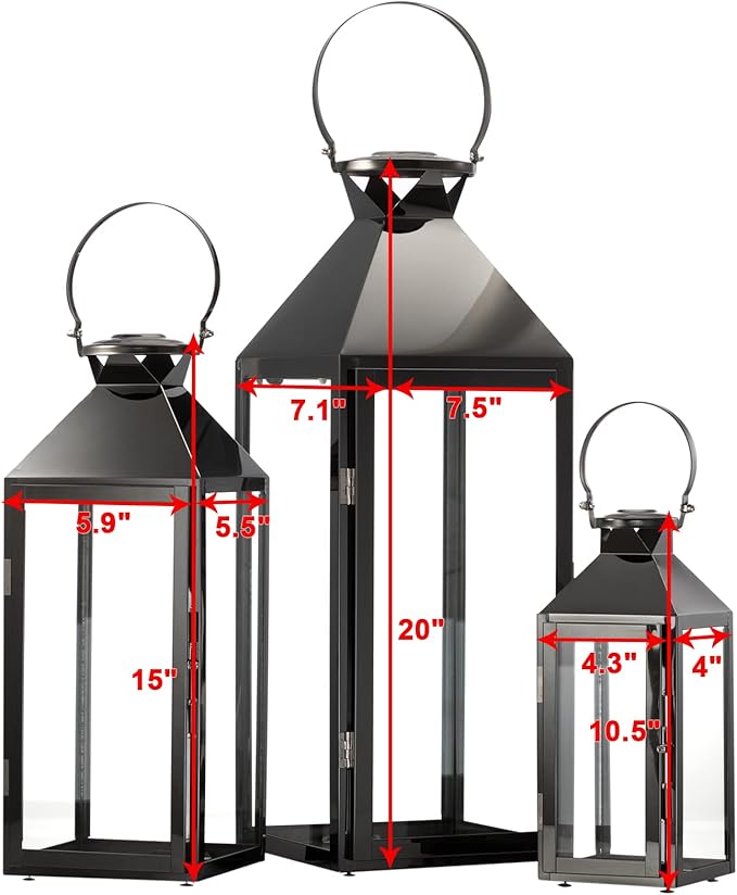 MATICO Stainless Decorative Pinnacle Candle Lantern Set of 3, Hanging Decor Hurricane Lantern Candle Holder for Festival Ceremony Home Decor, Both Indoor & Outdoor Use, Black-Ruum Studio Home