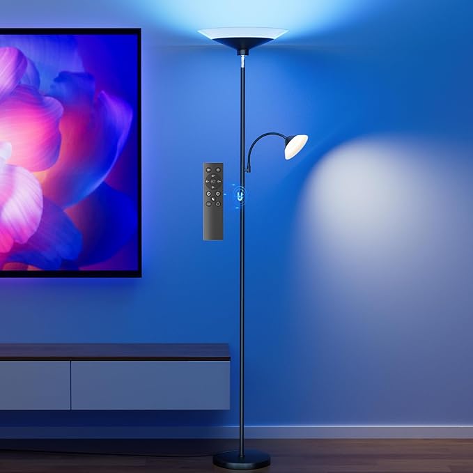 RGB Torchiere Floor Lamp - 2 Way Dimmable LED Standing Lamp with Remote&Button Control, 34W Rotatable Floor Reading Light, 72'' Tall Modern Corner Lamp for Living Room Bedroom Office, Black-Ruum Studio Home