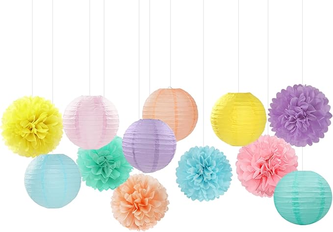 Pastel Rainbow Colorful Party-Decorations Paper Flowers Lanterns - 15PCS Birthday Classroom Baby Shower Tissue Pom Poms Streamers, Macaron Carnival Theme Hanging Supplies Decor Hugfond-Ruum Studio Home