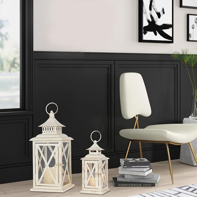 Lanterns Decorative Outdoor&Indoor, Set of 2 (14"&10") Beige Metal Lantern Decor with Glass, Candle Holder for Porch, Patio, Garden, Balcony, Wedding, Table Centerpiece-Ruum Studio Home