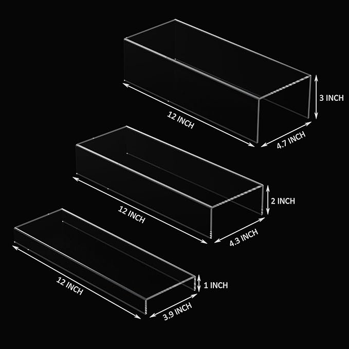 Rectangular Acrylic Display Risers Stands 3pcs, Dessert Table Display Rack, Clear Display Shelf for Funko Pop, Collectibles, Retails, Shoes, Glasses, Plants, Home Decors, Perfume - 12-1'', 2'', 3''-Ruum Studio Home