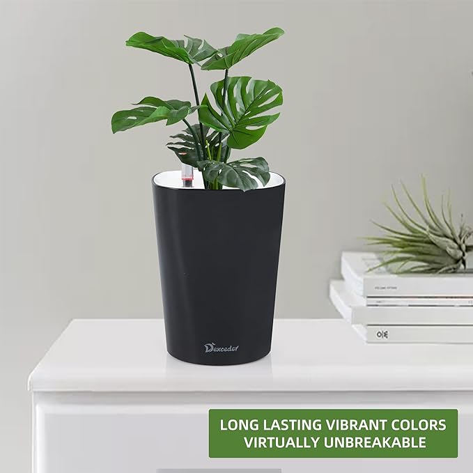 Dexceder 6x7 Self Watering Planter Indoor Outdoor, High Gloss Table Flower Plant Pot with Water Level Indicator (Black)-Ruum Studio Home