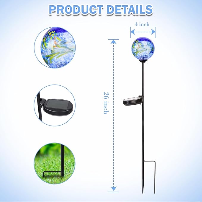 Solar Lights Outdoor Decorative Solar Outdoor Decorative Glass Ball Stakes Waterproof Garden Stake Glass LED Garden Globe Lights for Pathway Yard Lawn Decoration Blue-Ruum Studio Home