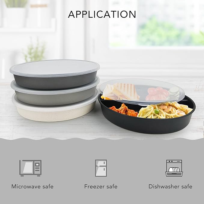 greenandlife 9 Inch 4PCS Divided Plates with Lids, Portion Control Plates for Kids Adults, Dishwasher Microwave Safe Compartment Plate, Unbreakable Lightweight Reusable Wheat Straw Plate, Grey Black-Ruum Studio Home