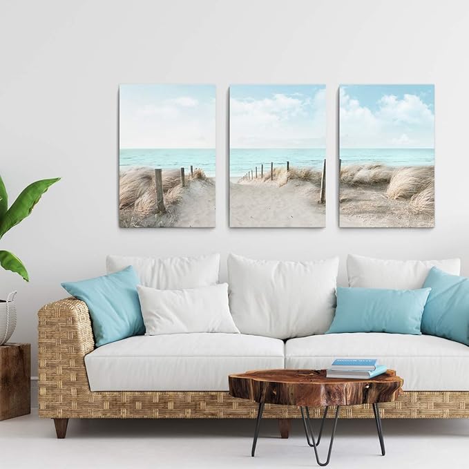 3 Piece Large Canvas Bedroom Wall Art Beach Blue Sea Blue Sky Print Picture Framed Wall Decor for Living Room Bathroom Modern Home Decor Artwork Ready to Hang Coastal Wall Decorations Size 16x24x3-Ruum Studio Home