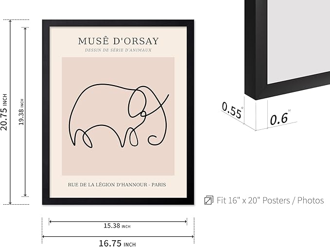 Poster Master Vintage Poster - Retro One Line Elephant Drawing Print - Elephant Art - Minimal Gift for Men, Women, Animal Lover - Abstract Wall Decor for Home, Office, 16x20 Black Framed-Ruum Studio Home