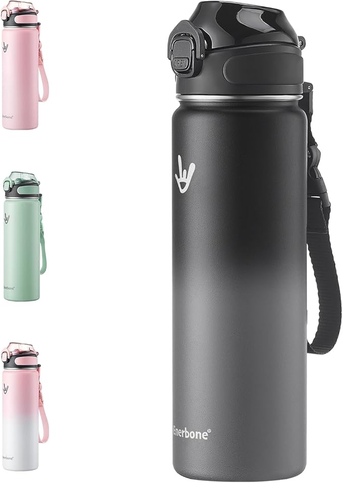 Enerbone 24 oz Insulated Water Bottle, Stainless Steel Bottle with Carrying Strap, Double-Wall Vacuum Insulation Design, Leakproof Sports Bottle with Straw, Keep Drinks Cold or Hot for Hours-Ruum Studio Home