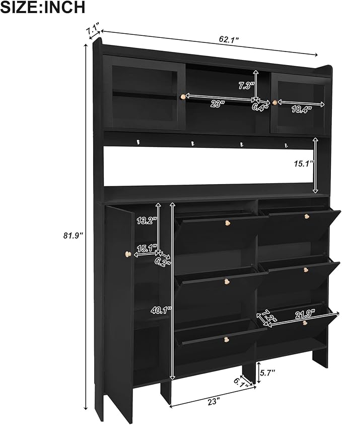 Ball & Cast Tipping Bucket 3-Tier Shoe Cabinet with 6 Flip Drawers and Storage Shelf,Entryway Hall Tree with Tempered Glass Doors and 4 Hooks,for Hallway,Mudroom,Living Room,Black-Ruum Studio Home