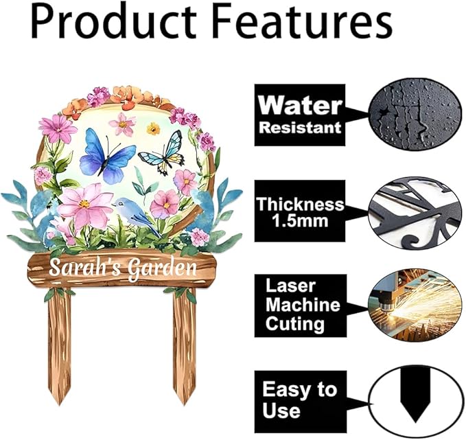 Personalized Watercolor Garden Metal Sign with Stake,Custom Gardener Last Name Signs Outdoor Decor,Customized Birds Gardening Gifts for Mom,Butterfly Flowers Plaques for Patio Lawn Porch Yard Garage-Ruum Studio Home