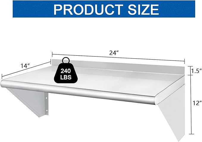 HARDURA Stainless Steel Shelf 14" x 24", 240lb Commercial Shelves Wall Mount Metal Shelving with Backsplash and Brackets for Kitchen, Restaurant, Laundry Room and Home-Ruum Studio Home