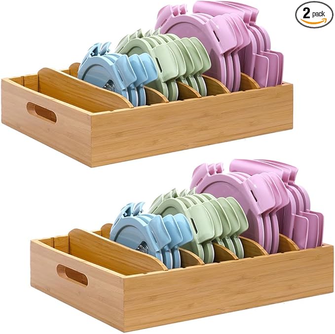 2 Pack Bamboo Lid Holder Food Container, Kitchen Organizer with 5 Adjustable Dividers, Cabinet Organizer for Food, Kitchen Gadget, Container Lids-Ruum Studio Home