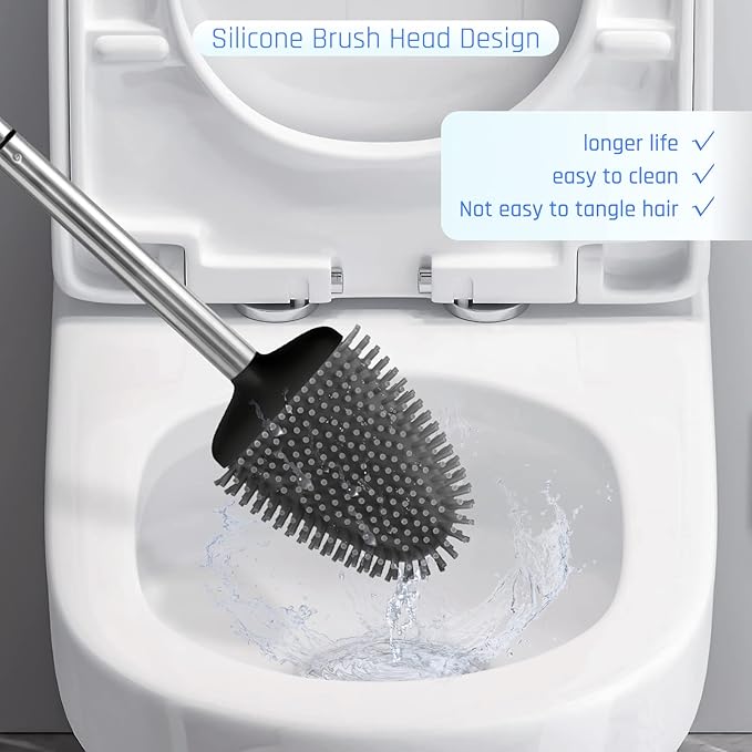Sellemer Toilet Brush and Holder Set - Flexible Toilet Bowl Brush Head with Silicone Bristles, Compact Size for Storage and Organization, Ventilation Slots Base (1 Pack, Black)-Ruum Studio Home