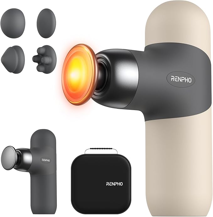 RENPHO Mini Thermal Massage Gun with Heat, Portable Deep Tissue Percussion Massager, Color Silicone Sleeves Travel Size with Carry Case, Grey-Ruum Studio Home