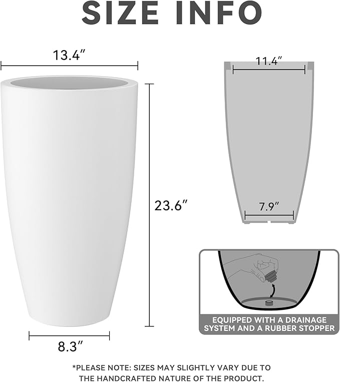 Kante 23.6" H Pure White Finish Concrete Tall Planters Large Outdoor Indoor Decorative Plant Pots with Drainage Hole and Rubber Plug, Modern Tapered Style for Home and Garden-Ruum Studio Home