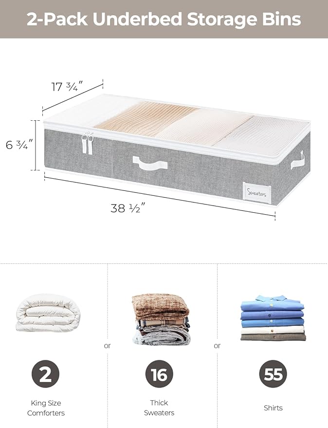 StorageWorks Extra Large Under Bed Storage Containers with Handles and Label Holder, 2 Pack Ultra-thick Fabric Underbed Bins, Closet Organizer for Clothes, Blankets, Sweater-Ruum Studio Home