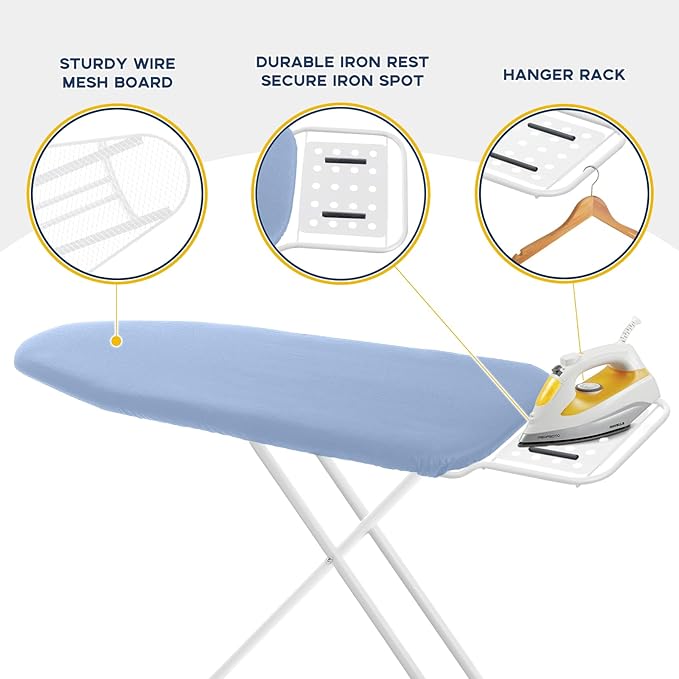 Full Size Ironing Board with Iron Rest, Heavy Duty Compact Ironing Board 43"x13" with Thick Cover and Pad, Height Adjustable Sturdy Iron Stand, Blue-Ruum Studio Home