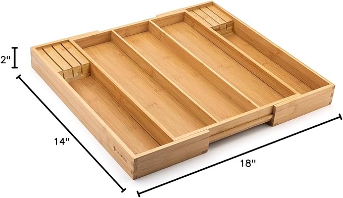 Purawood Kitchen Drawer Organizer with Knife Blocks - Utensil Drawer Organizer for Kitchen, Cutlery Tray & Silverware Organizer, 3-5 Slots - Bamboo Organizer for Utensils & Flatware (Natural)-Ruum Studio Home