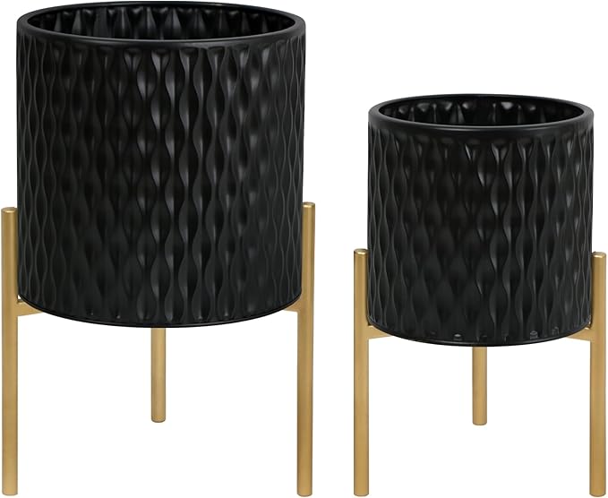 ARNIS Plants Pots with Stand, Set of 2 Planters, Unique Mid Century Decorative Metal Flower Pots with Drainage, 8.25 & 10.5 Inch, Black-Ruum Studio Home