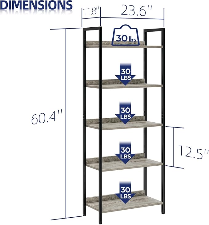 NUMENN Bookshelf, 5 Tier Bookshelves, Home Office Bookcase Shelf Storage Organizer, Free Standing Storage Shelving Unit for Bedroom, Living Room and Home Office, Grey-Ruum Studio Home