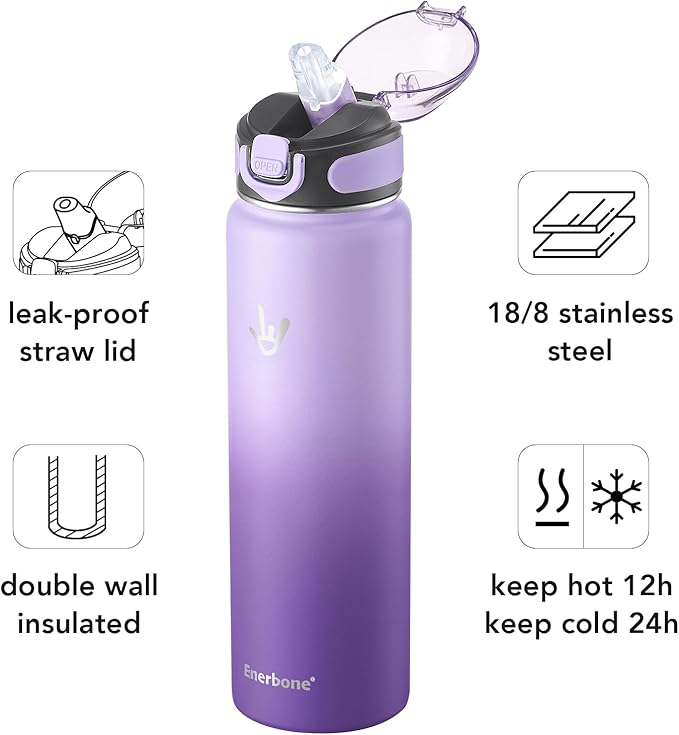 Enerbone 32 oz Insulated Water Bottle, Stainless Steel Bottle with Carrying Strap, Double-Wall Vacuum Insulation Design, Leakproof Sports Bottle with Straw, Keep Drinks Cold or Hot for Hours-Ruum Studio Home