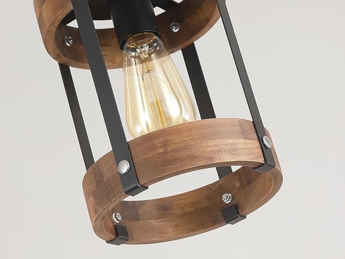 2 Pack Rustic Farmhouse Wood Pendant Light Fixture One-Light Adjustable Chain Oak Wood and Metal Drum Cage Small Pendant Lighting for Kitchen Island Sink Hallway Farmhouse Bathroom Bar, Black-Ruum Studio Home