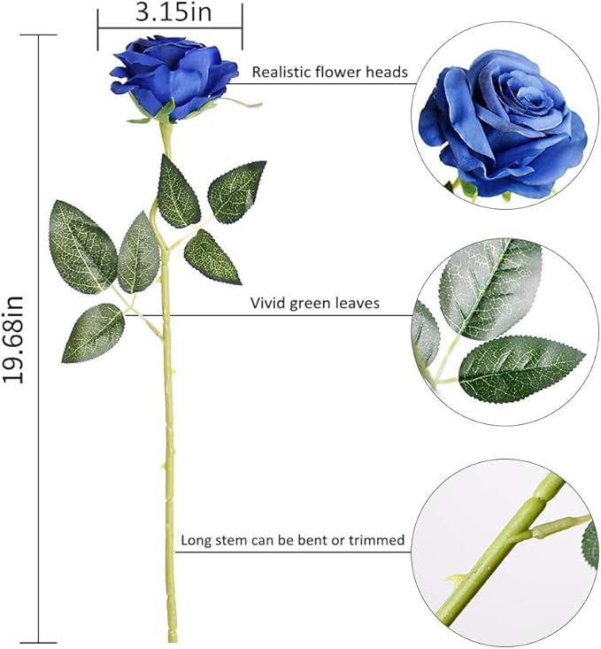 Blue Fake Roses Artificial Flowers - 16 Pcs Fake Artificial Roses Silk Flowers with Stems for Home Wedding Hotel Office Centerpiece Decor-Ruum Studio Home