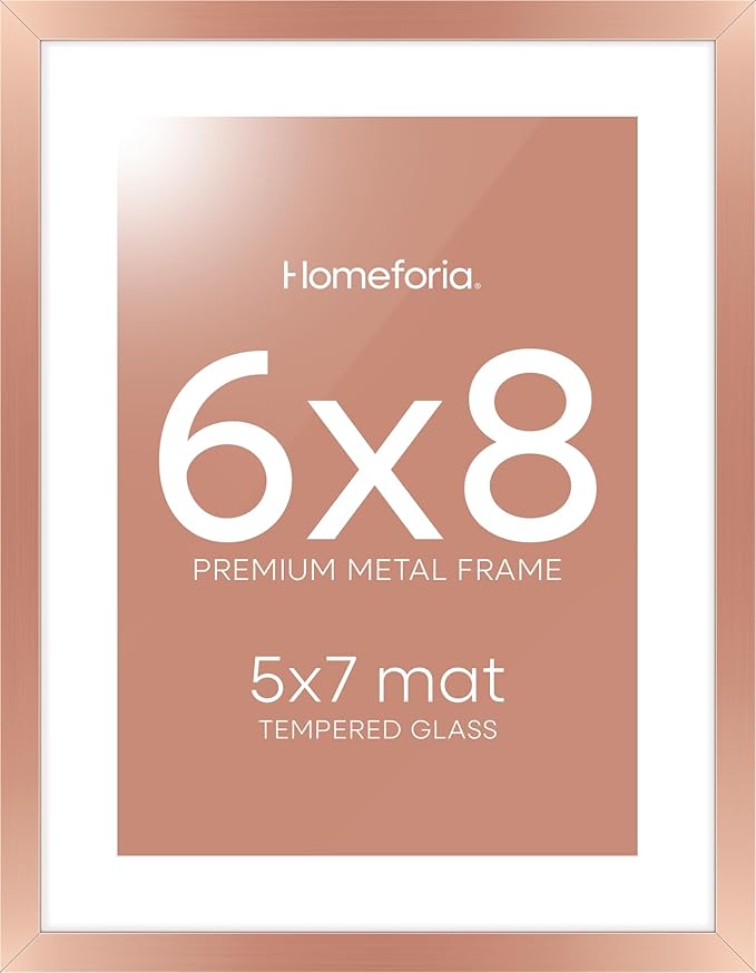 Homeforia Rose Gold 6x8 Picture Frame, High End Metal 6 x 8 Frames with Mat 5 x 7 for Print, 6by8 Desk Frame Matted to 5x7 inch Photo, 6 by 8 Wall or Tabletop Frame, Tempered Glass, Wall Kit, Set of 1-Ruum Studio Home