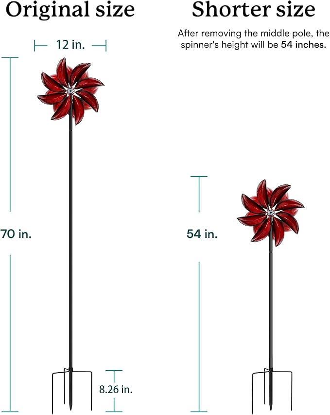 Wind Spinners Outdoor - Red Metal Windmill with Stake for Yard and Garden, Kinetic Wind Sculptures & Spinners, Gift Decor Ideas for Garden Lovers (12" W x 70" H)-Ruum Studio Home