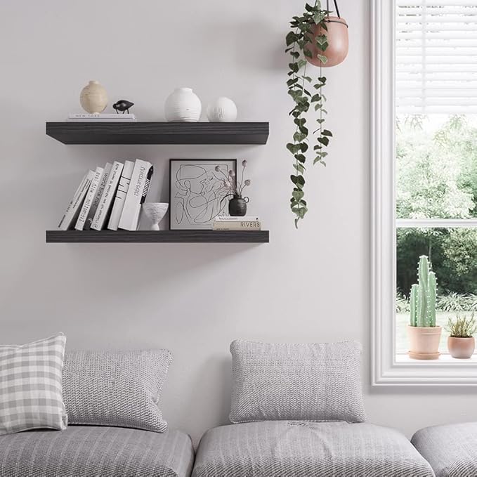 Floating Shelf, Set of 2 Wall Shelf, 24 in W x 12.75 in D x 2 in H Wooden Floating Wall Shelf with Invisible Brackets for Living Room/Bedroom/Bathroom/Kitchen Storage and Decor, Black Wood-Ruum Studio Home