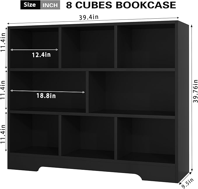 Book Shelf Set of 2, 8 Cubes Storage Organizer, Freestanding Balck Bookshelf Cube Shelf for Bedroom, Living Room, Home Office, 3-Tier Open Bookshelf Wooden Bookcase-Ruum Studio Home