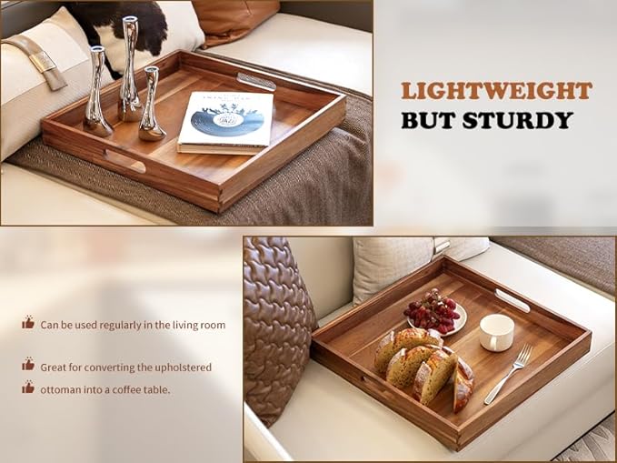 Large Ottoman Tray for Living Room, 20" Extra Large Tray for Ottoman Square Acacia Serving Trays with Handles for Coffee Table, Breakfast, Appetizers, Dinner-Ruum Studio Home