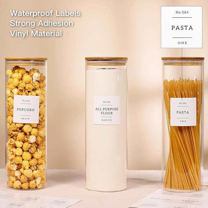 3 Pack Glass Jar with Airtight Bamboo Lid and White 132 Kichen Pantry Labels Preprinted - 70 Oz Clear Tall Glass Food Storage Containers set For Noodles Pasta Spaghetti-Ruum Studio Home