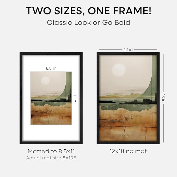 Homeforia 12x18 Frame Black Wood, High End Oak 12x18 Picture Frames with Mat 8.5x11 Photo, 12 x 18 Wooden Poster Frame Matted to 8.5 x 11 Print, 18x12 Hanging Frame, Tempered Glass, Wall Kit, Set of 1-Ruum Studio Home