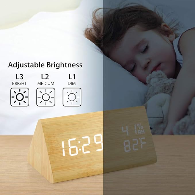 OCT17 Wooden Alarm Clock, Wood Alarm Clock Smart LED Digital Clock for Bedroom/desks, Upgraded with Time Temperature, Adjustable Brightness and Voice Control, Humidity Displaying - Bamboo-Ruum Studio Home
