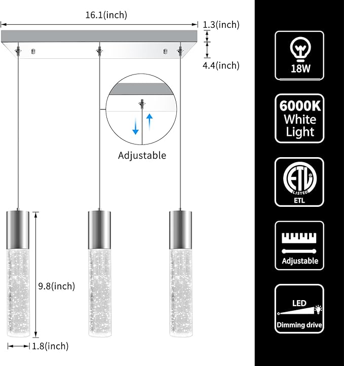 OKELI 3-Light Dimmable LED Pendant Lighting for Kitchen Island, 18W 1350LM Modern Crystal Bubble Island Light Fixture, 6000K Cool White, Adjustable Electro-Chrome Fixture, Easy Install, Square-Ruum Studio Home
