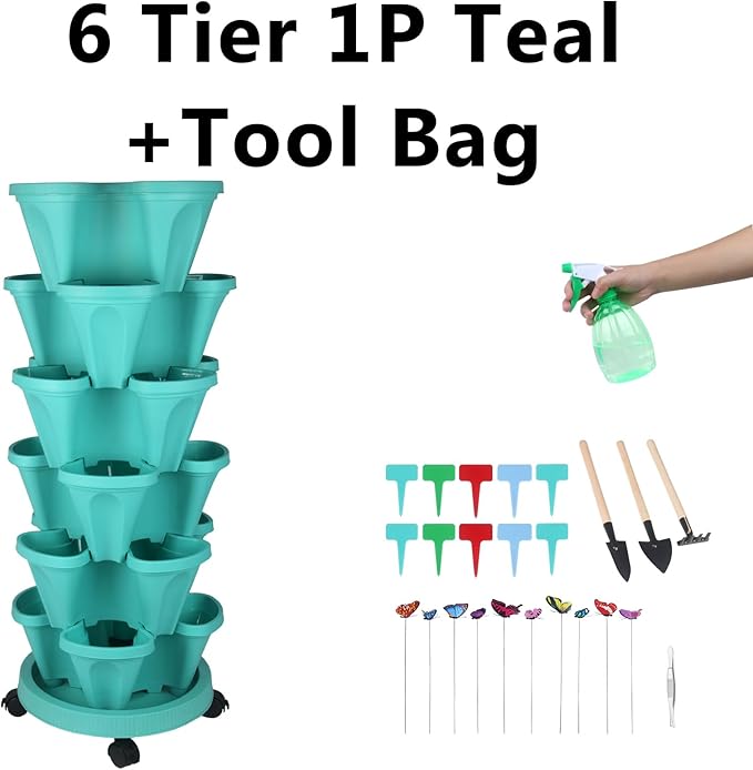 Vertical Planter, 6 Tier Stackable Strawberry Planter with Garden Tool Set, Movable Indoor/Outdoor Garden Herb Pot for Growing Vegetables and Succulents, Teal-Ruum Studio Home