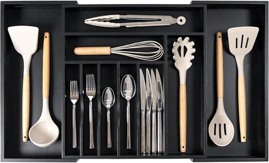 Premium Silverware, Flatware and Utensil Organizer for Kitchen Drawers, Food-Safe Contract Grade, Expandable from 16 to 28 In, Black Bamboo-Ruum Studio Home