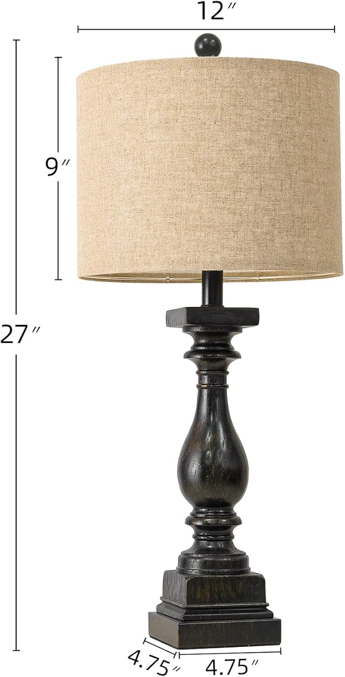 BOBOMOMO 27" Farmhouse Table Lamp Set of 2 with USB A+C for Bedroom Living Room Vintage Rustic Traditional Nightstand Bedside Lamps Retro Side Table Lamps (Black)-Ruum Studio Home