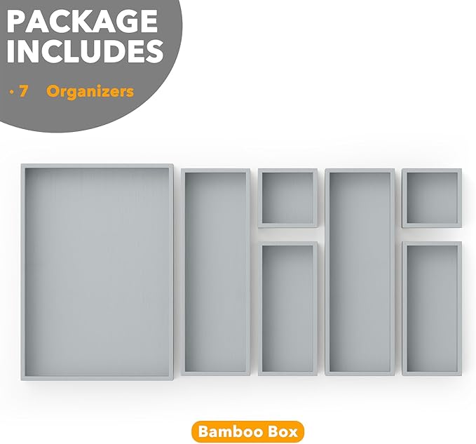 SpaceAid 7-Piece Bamboo Drawer Organizer Storage Boxes Set, Wood Tray Junk Drawer Organizers Multi-Use Divider Bins for Kitchen, Bathroom, Office Desk and Makeup Organization (7 Pack, Gray)-Ruum Studio Home
