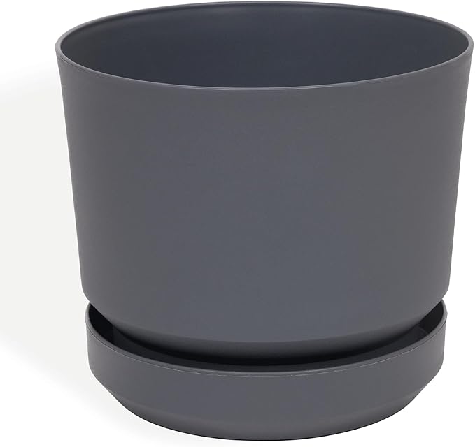 Elly Décor 12 inch Plastic Cylinder Planter Pot with Self-Watering Saucer and Drainage Hole,Lightweight & Extremely Durable, 12"x 12", Gray-Ruum Studio Home