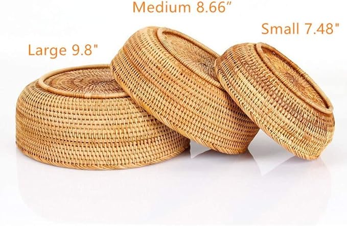 Hadewoven Round Rattan Fruit Basket Wicker Food Tray Weaving Storage Holder Dinning Room Bowl, 9 Inch Woven Bread Basket Key Bowls with 3.5”Wall for Table, Countertop (Medium 8.66")-Ruum Studio Home