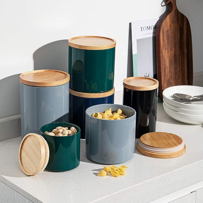 Sweejar Kitchen Canisters Ceramic Food Storage Jar, Stackable Containers with Airtight Seal Wooden Lid for Serving Coffee Bean, Flour, Tea, Cookies and More - 58 Fl Oz(Black)-Ruum Studio Home