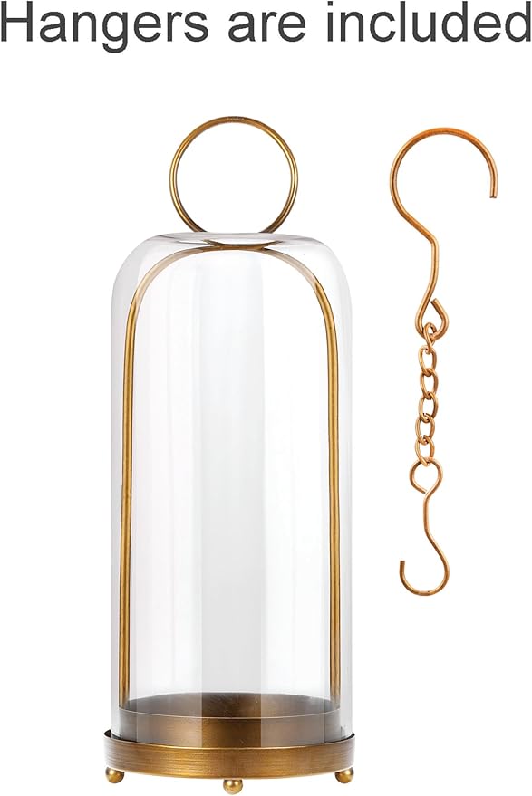 20" High Versatile Modern Metal Hurricane Lantern with Handmade Sturdy Glass Dome for Pillar Candle & Plants (Brass, 7.5"x20")-Ruum Studio Home