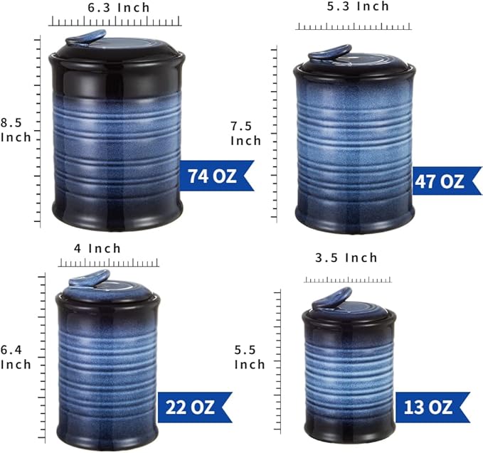 Nihow Food Storage Jar Sets: Ceramic Container with Air Tight Lid for Flour/Sugar/Rice/Coffee/Cookies/Candy - Seal Damp-proof Canister for The Kitchen Counter - Set of 4 （Blue & Black）-Ruum Studio Home