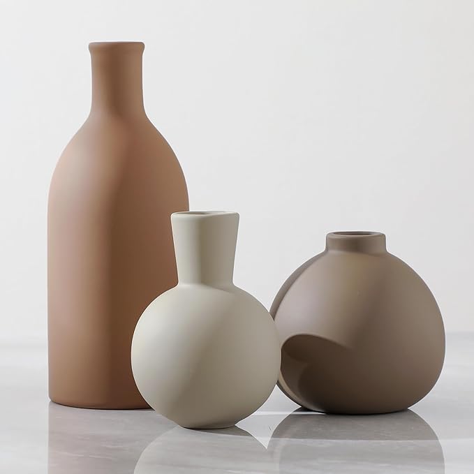 Ceramic Vase Set of 3, Vases Home Decor Rustic Farmhouse Decorative Vase Pottery Vases for Bouquet Pampas Grass Dried Fresh Flowers, Table Living Room Kitchen Bedroom Bathroom - Brown-Ruum Studio Home